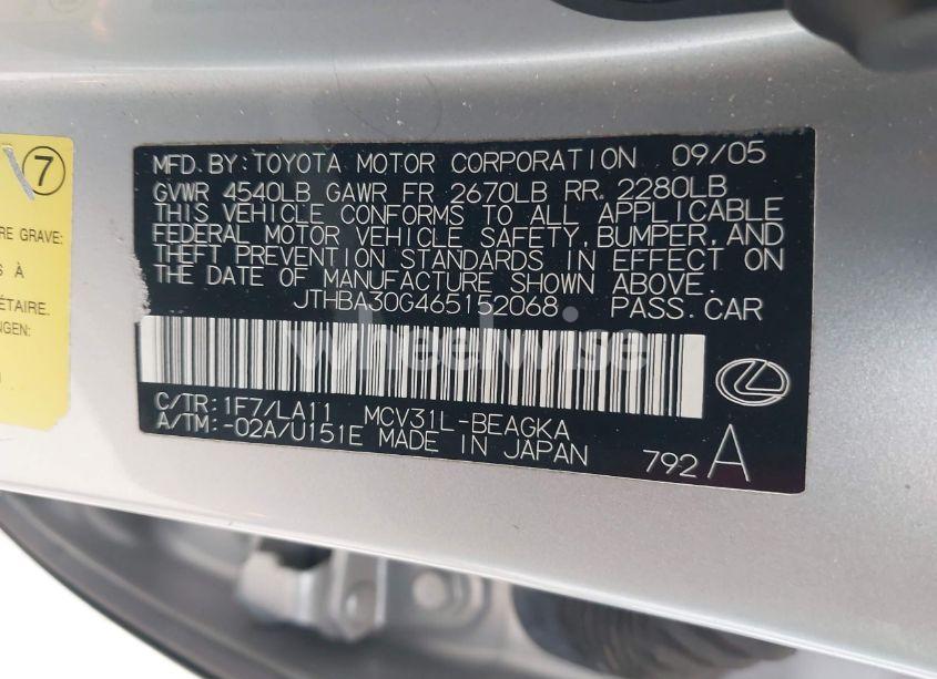Photo 9 of 2006 Lexus Es 330 (VIN JTHBA30G465152068)