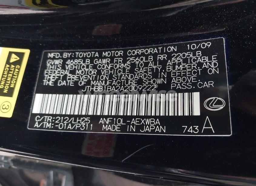 Photo 9 of 2010 Lexus Hs 250H PREMIUM (VIN JTHBB1BA2A2009222)