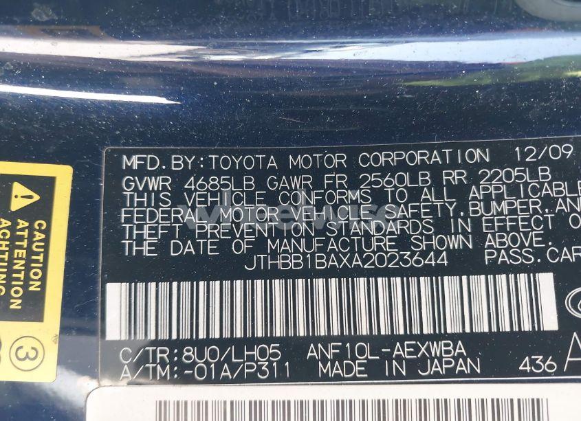 Photo 9 of 2010 Lexus Hs 250H PREMIUM (VIN JTHBB1BAXA2023644)