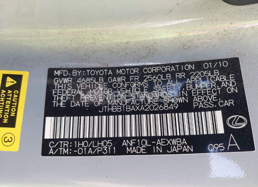 Photo 9 of 2010 Lexus Hs 250H PREMIUM (VIN JTHBB1BAXA2026849)