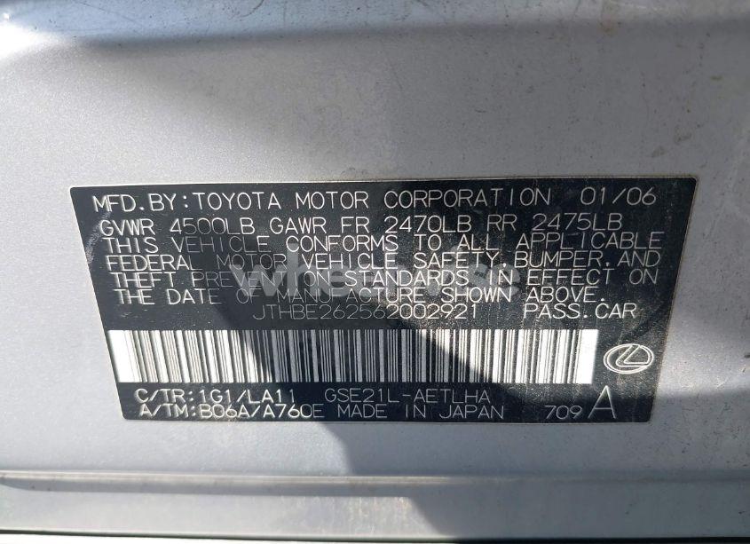 Photo 9 of 2006 Lexus Is 350 (VIN JTHBE262562002921)