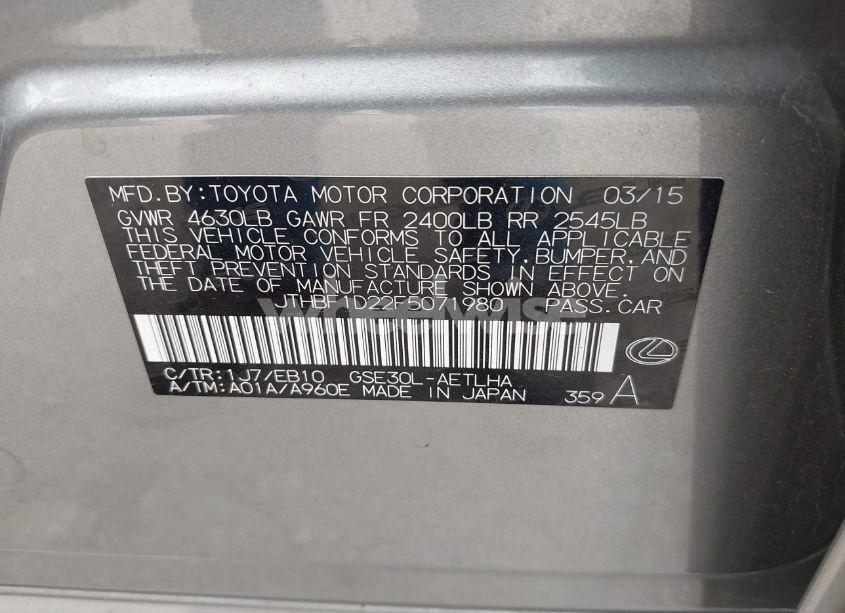 Photo 9 of 2015 Lexus Is 250 (VIN JTHBF1D22F5071980)