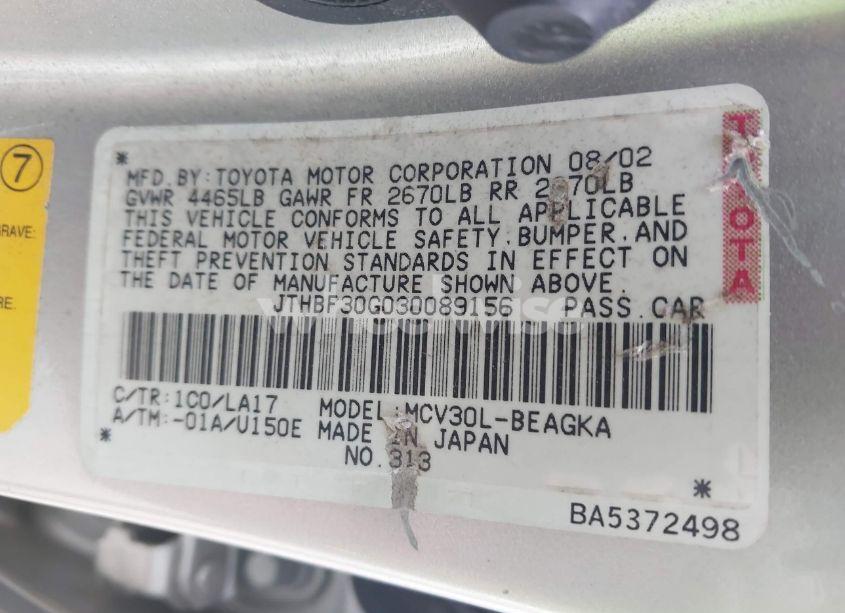 Photo 9 of 2003 Lexus Es 300 (VIN JTHBF30G030089156)