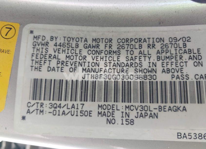 Photo 9 of 2003 Lexus Es 300 (VIN JTHBF30G030098830)