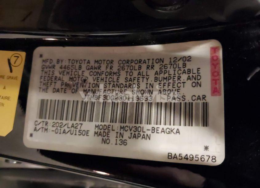 Photo 9 of 2003 Lexus Es 300 (VIN JTHBF30G230119693)