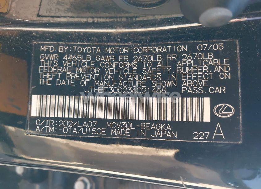 Photo 9 of 2003 Lexus Es 300 (VIN JTHBF30G236021468)