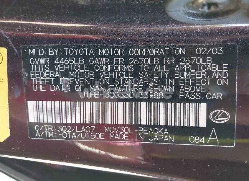 Photo 9 of 2003 Lexus Es 300 (VIN JTHBF30G330133988)