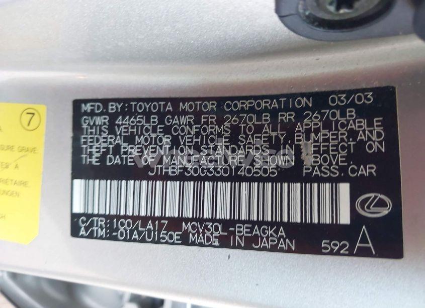 Photo 9 of 2003 Lexus Es 300 (VIN JTHBF30G330140505)