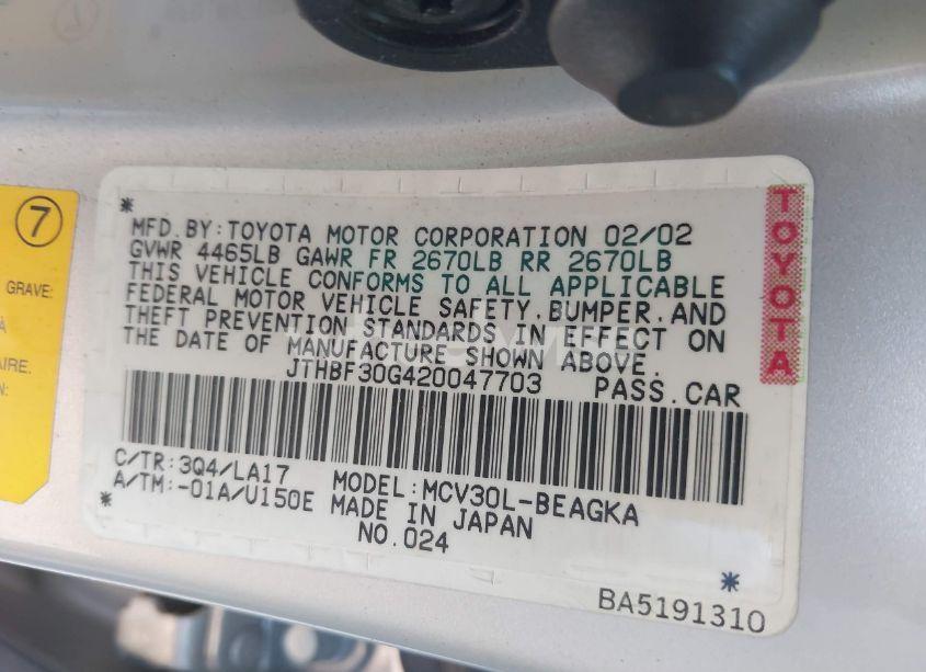 Photo 9 of 2002 Lexus Es 300 (VIN JTHBF30G420047703)