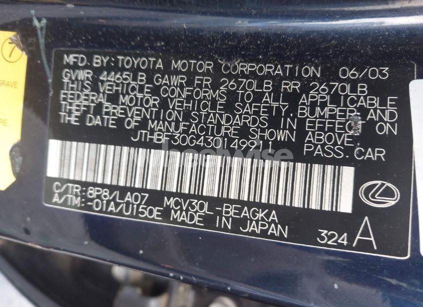 Photo 9 of 2003 Lexus Es 300 (VIN JTHBF30G430149911)