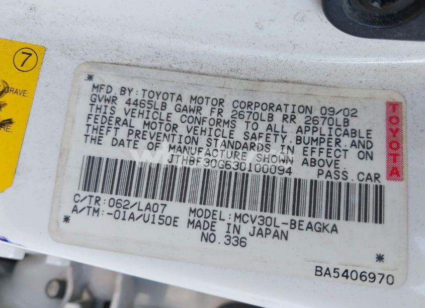 Photo 9 of 2003 Lexus Es 300 (VIN JTHBF30G630100094)