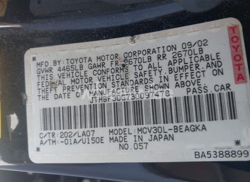 Photo 9 of 2003 Lexus Es 300 (VIN JTHBF30G730097478)