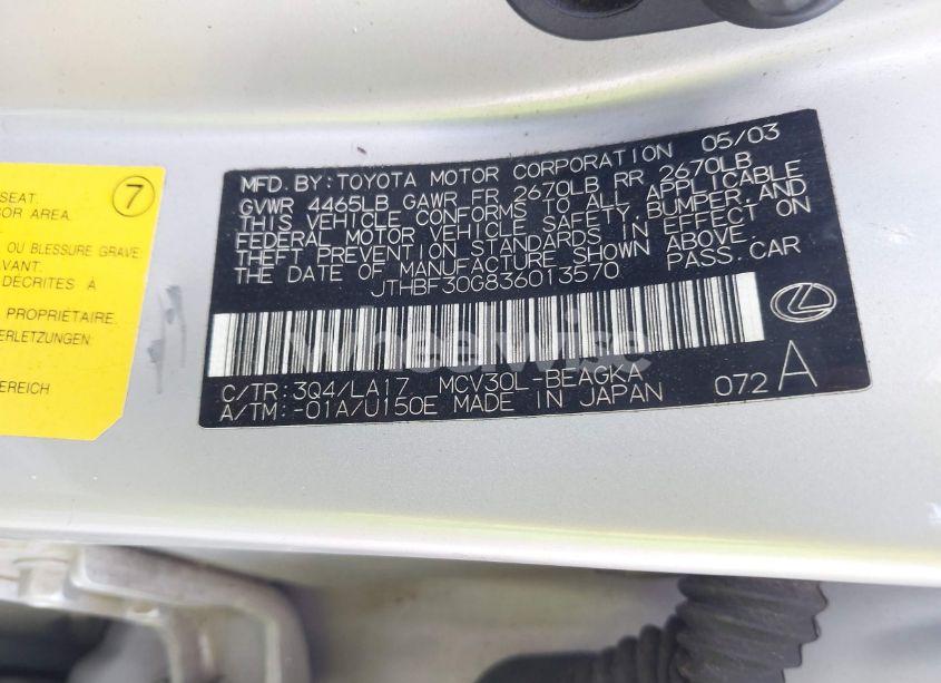 Photo 9 of 2003 Lexus Es 300 (VIN JTHBF30G836013570)