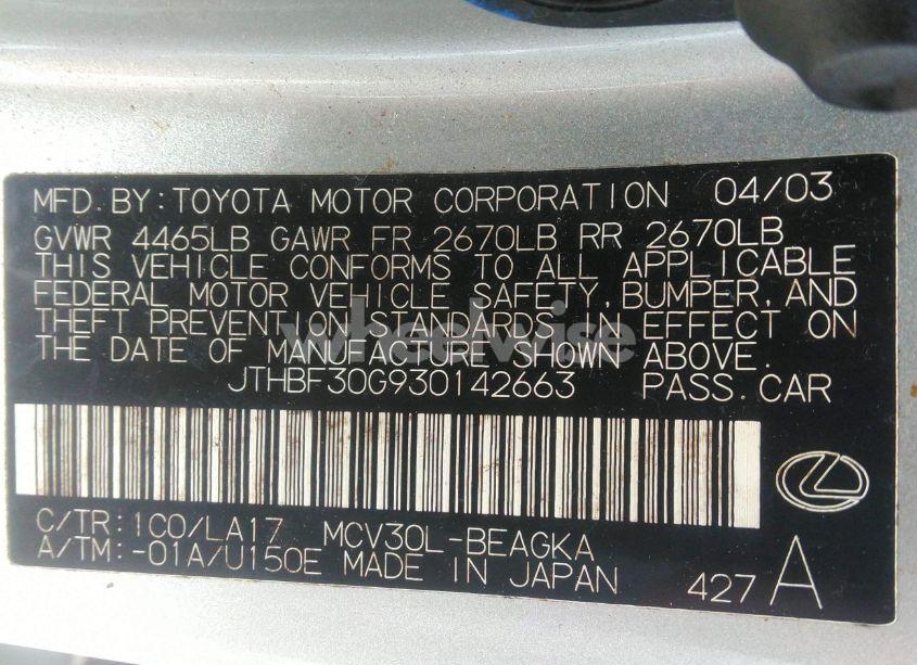 Photo 9 of 2003 Lexus Es 300 (VIN JTHBF30G930142663)