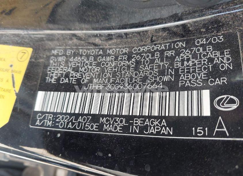 Photo 9 of 2003 Lexus Es 300 (VIN JTHBF30G936007664)