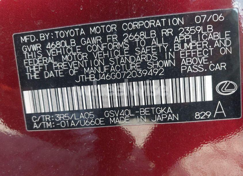 Photo 9 of 2007 Lexus Es 350 (VIN JTHBJ46G072039492)
