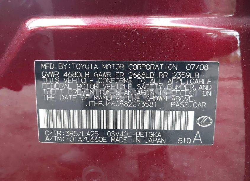 Photo 9 of 2008 Lexus Es 350 (VIN JTHBJ46G582273581)