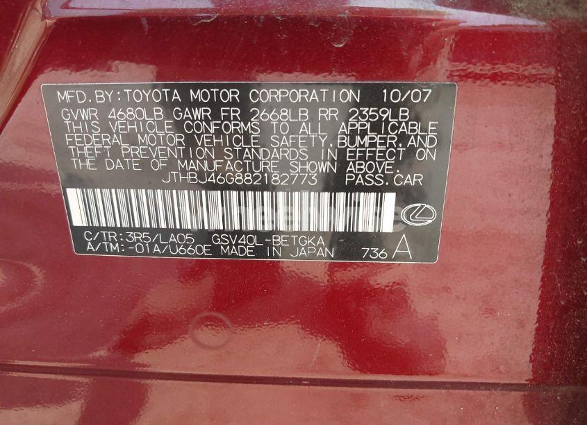 Photo 9 of 2008 Lexus Es 350 (VIN JTHBJ46G882182773)