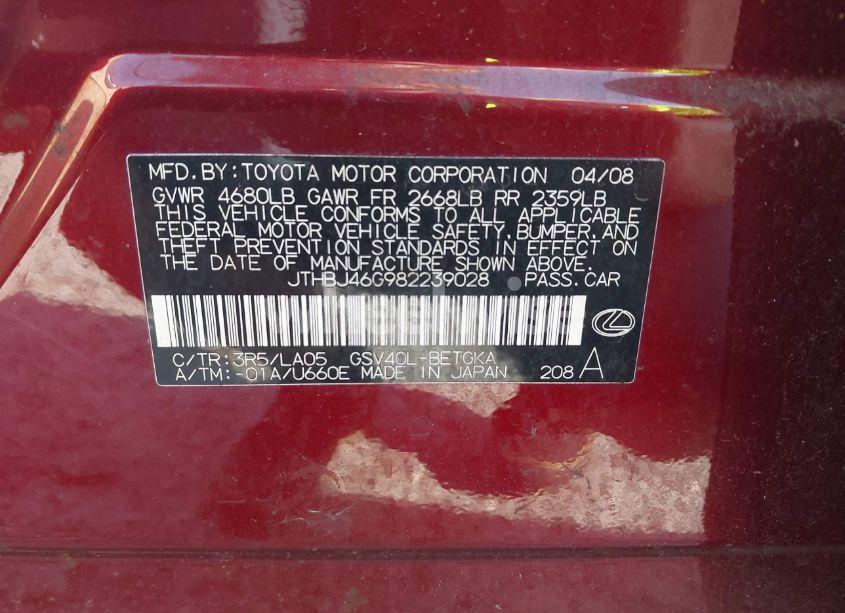 Photo 9 of 2008 Lexus Es 350 (VIN JTHBJ46G982239028)