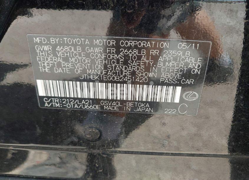 Photo 9 of 2011 Lexus Es 350 (VIN JTHBK1EG0B2451420)