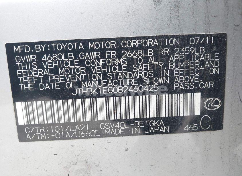 Photo 9 of 2011 Lexus Es 350 (VIN JTHBK1EG0B2460425)