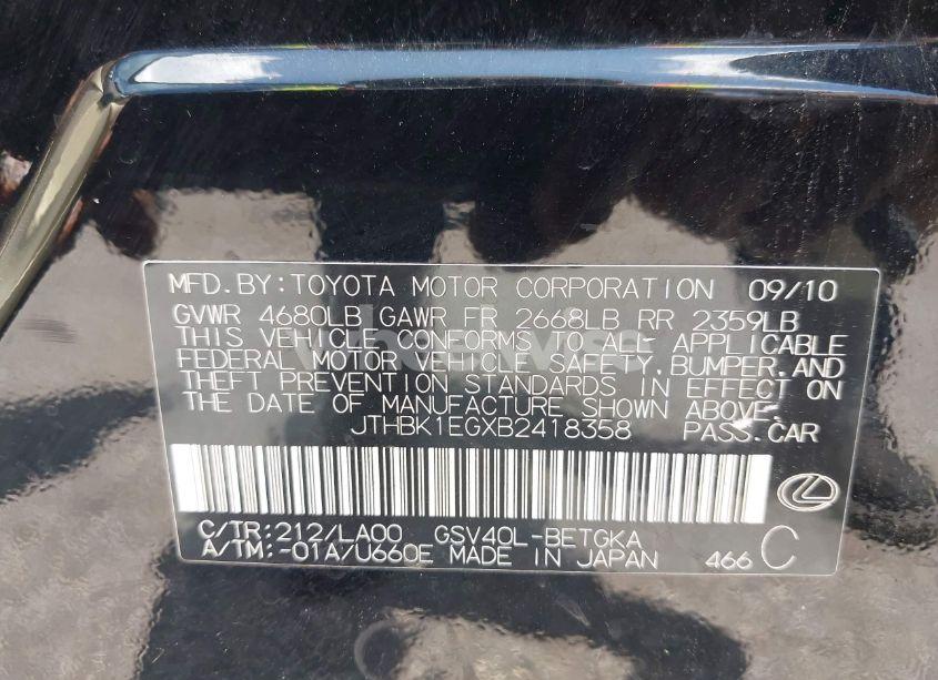 Photo 9 of 2011 Lexus Es 350 (VIN JTHBK1EGXB2418358)