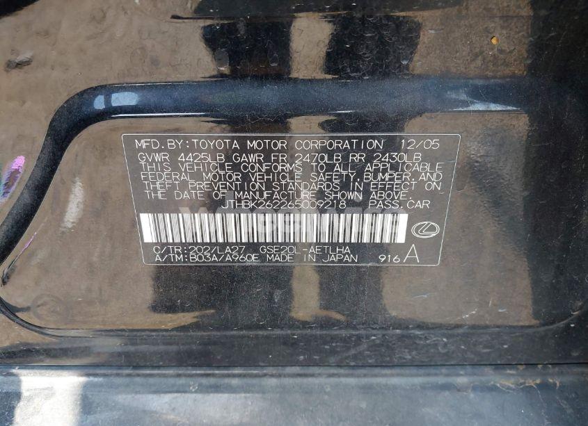 Photo 9 of 2006 Lexus Is 250 (VIN JTHBK262265009218)