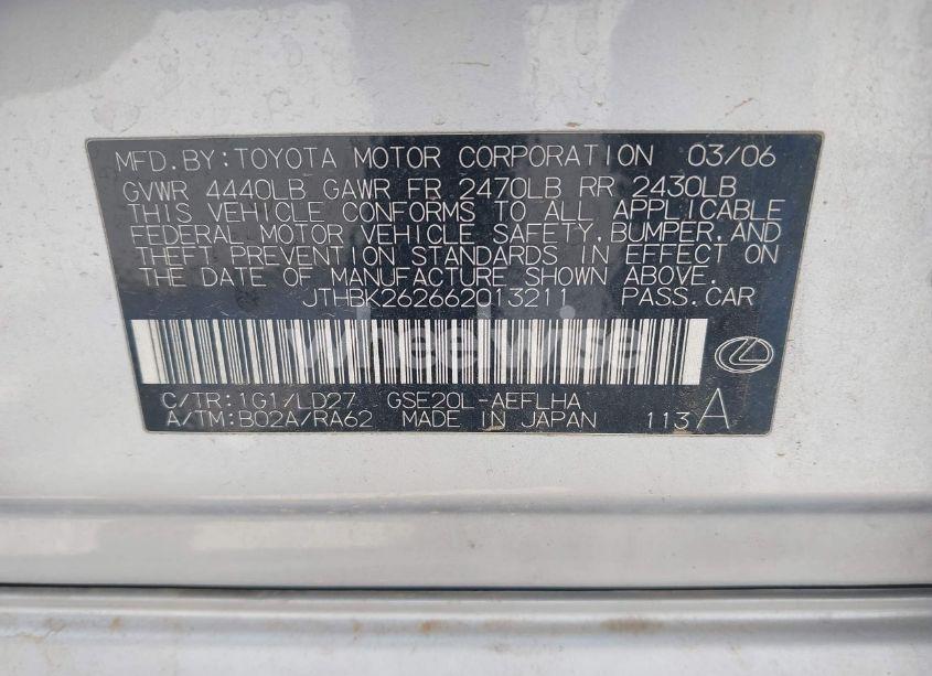 Photo 9 of 2006 Lexus Is 250 (VIN JTHBK262662013211)