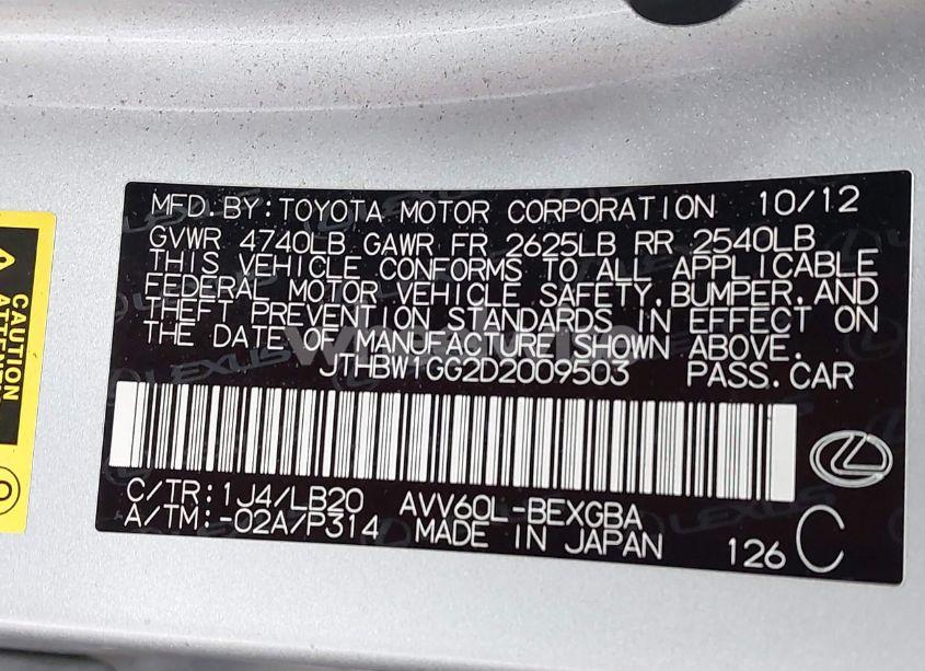 Photo 9 of 2013 Lexus Es 300H (VIN JTHBW1GG2D2009503)