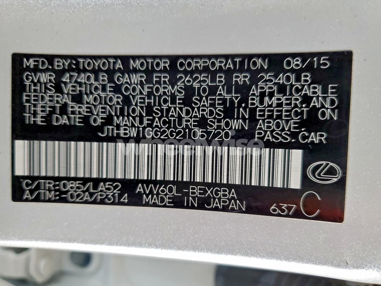 Photo 12 of 2016 LEXUS ES 300H (VIN JTHBW1GG2G2105720)