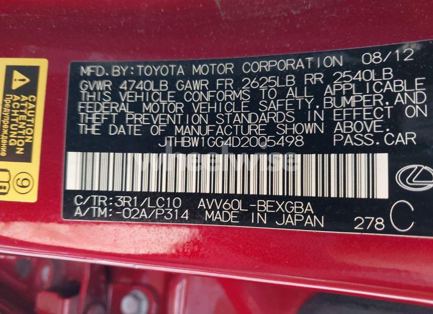 Photo 9 of 2013 Lexus Es 300H (VIN JTHBW1GG4D2005498)