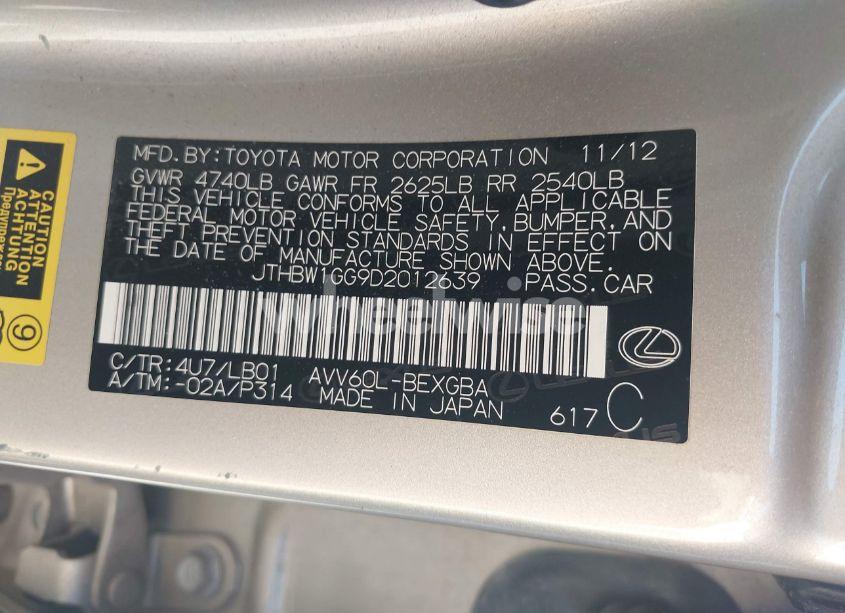 Photo 9 of 2013 Lexus Es 300H (VIN JTHBW1GG9D2012639)