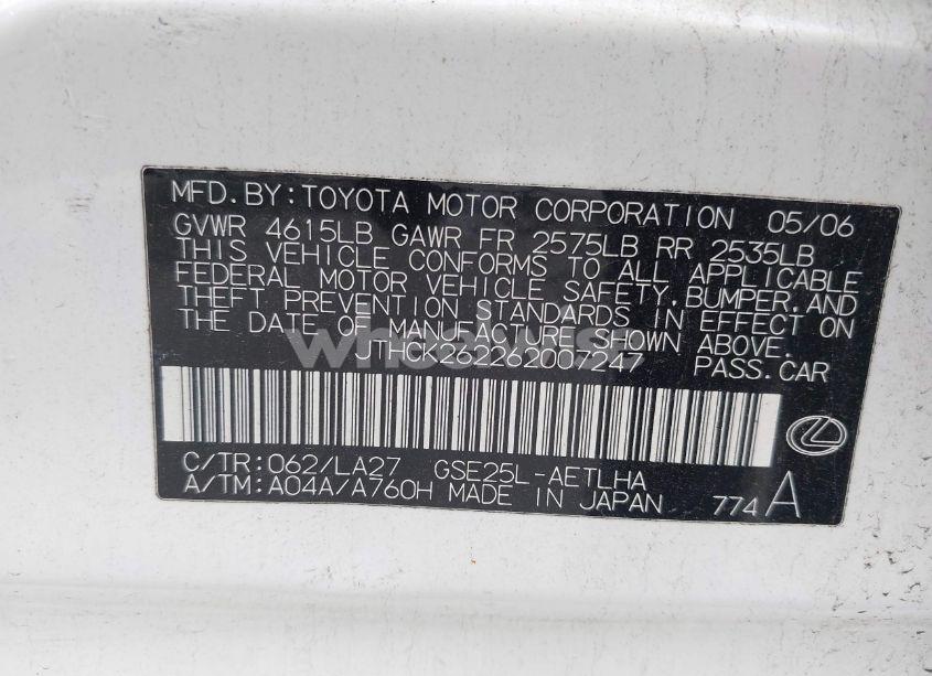 Photo 9 of 2006 Lexus Is 250 (VIN JTHCK262262007247)