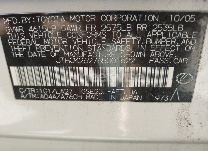 Photo 9 of 2006 Lexus Is 250 (VIN JTHCK262765001622)