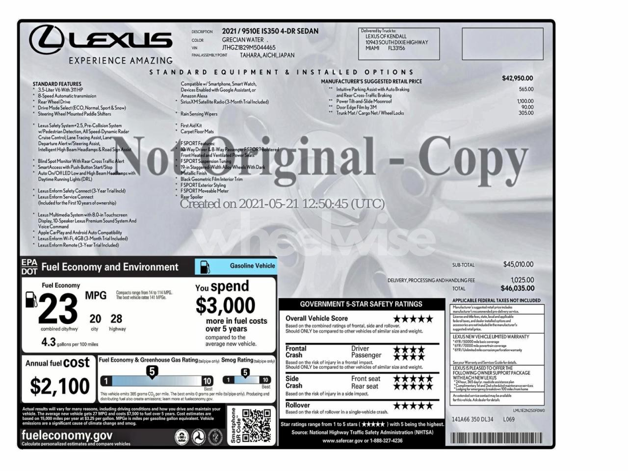 Photo 10 of 2021 LEXUS IS 350 F SPORT (VIN JTHGZ1B29M5044465)