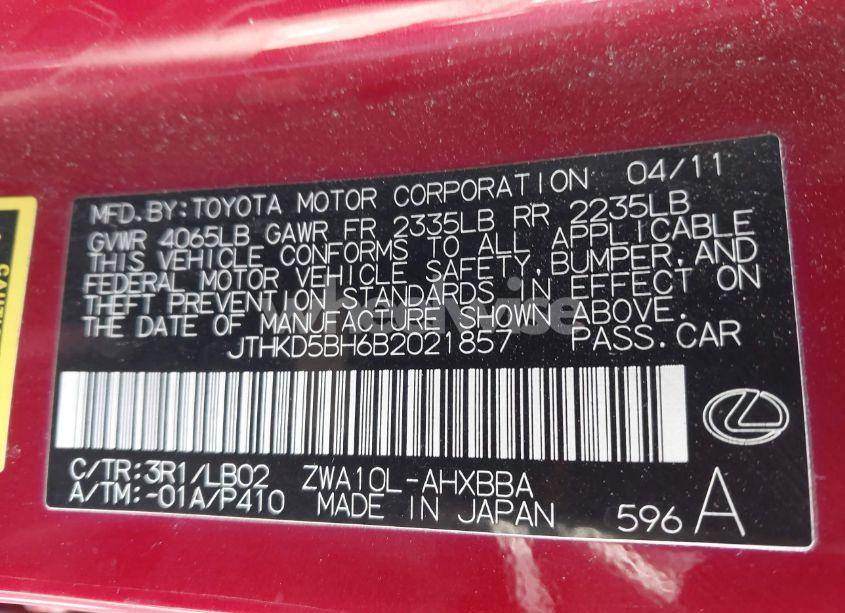 Photo 9 of 2011 Lexus Ct 200H PREMIUM (VIN JTHKD5BH6B2021857)