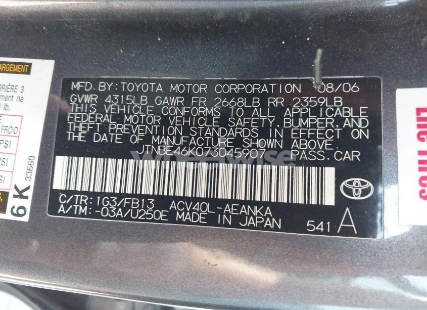 Photo 9 of 2007 Toyota Camry LE (VIN JTNBE46K073045907)