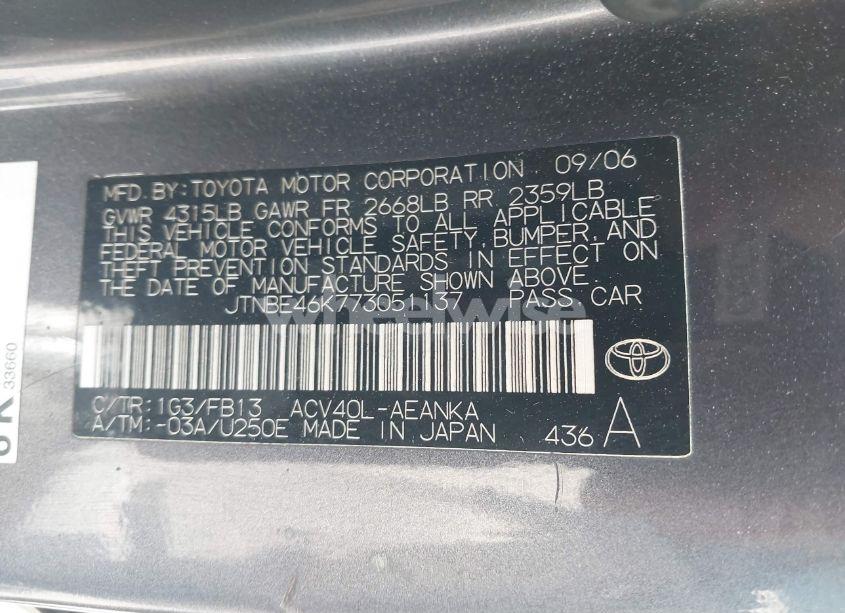 Photo 9 of 2007 Toyota Camry LE (VIN JTNBE46K773051137)