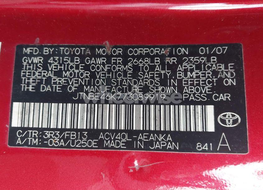 Photo 9 of 2007 Toyota Camry CE/LE/SE/XLE (VIN JTNBE46K773089919)