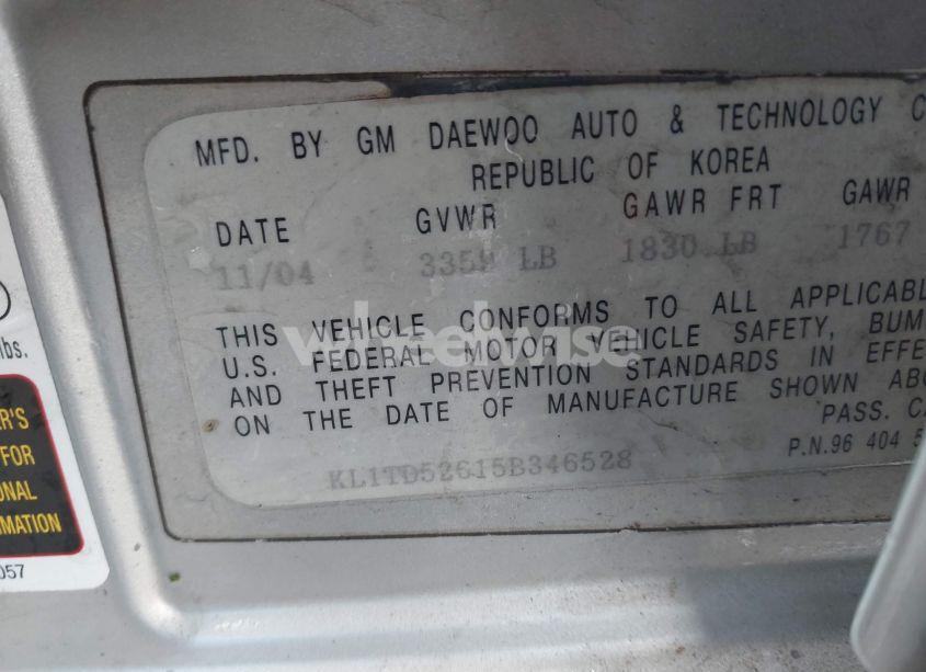 Photo 9 of 2005 Chevrolet Aveo LS (VIN KL1TD52615B346528)