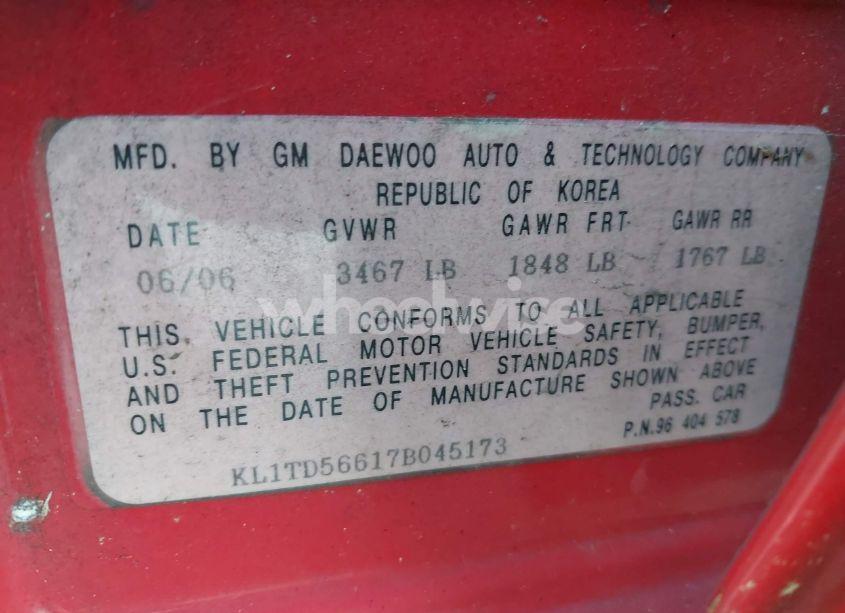 Photo 9 of 2007 Chevrolet Aveo LS (VIN KL1TD56617B045173)
