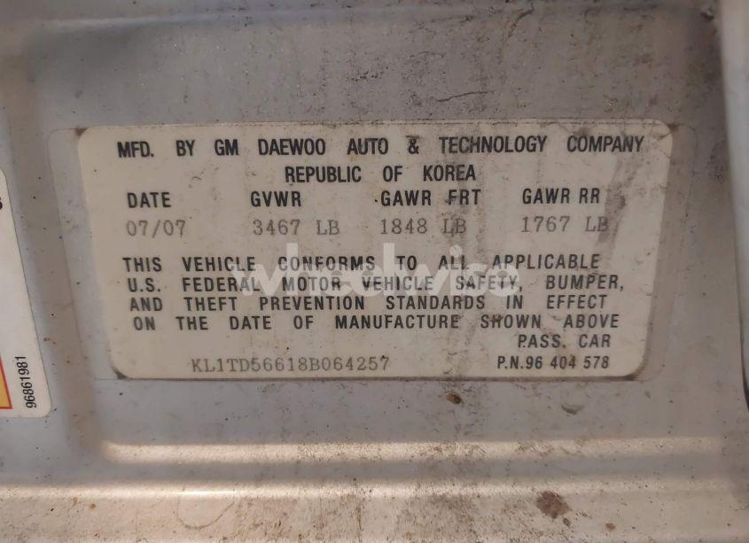 Photo 9 of 2008 Chevrolet Aveo LS (VIN KL1TD56618B064257)