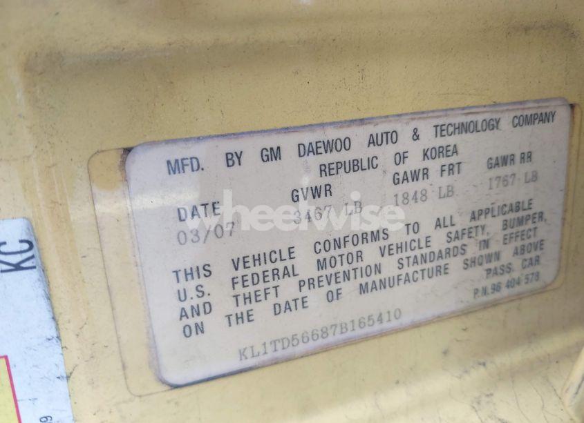 Photo 9 of 2007 Chevrolet Aveo LS (VIN KL1TD56687B165410)