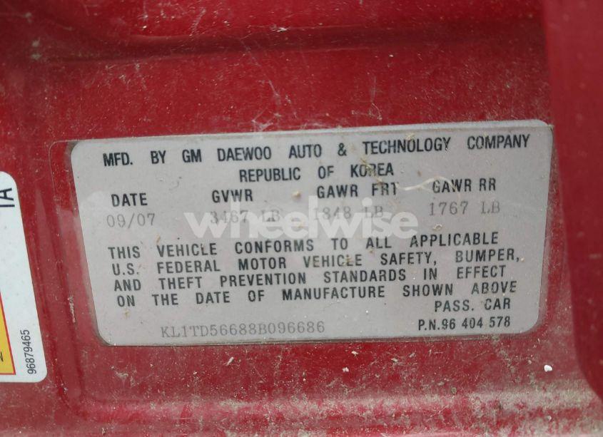 Photo 9 of 2008 Chevrolet Aveo LS (VIN KL1TD56688B096686)