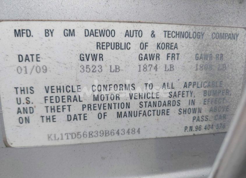 Photo 9 of 2009 Chevrolet Aveo LT (VIN KL1TD56E39B643484)