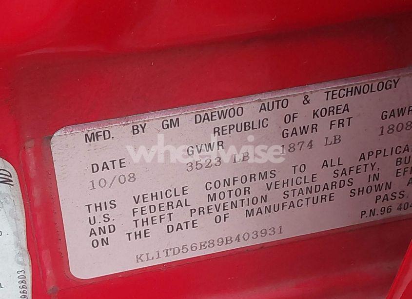 Photo 9 of 2009 Chevrolet Aveo LT (VIN KL1TD56E89B403931)