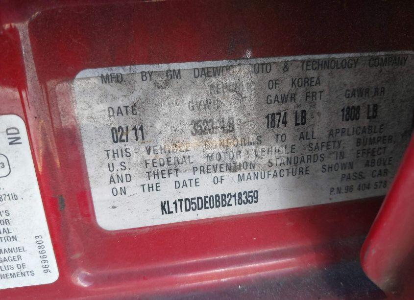 Photo 9 of 2011 Chevrolet Aveo 1LT (VIN KL1TD5DE0BB218359)