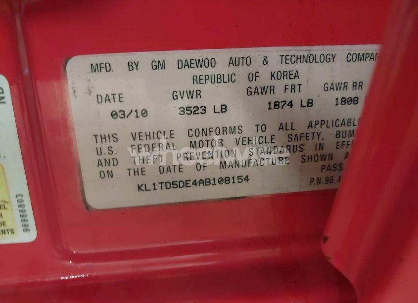 Photo 9 of 2010 Chevrolet Aveo LT (VIN KL1TD5DE4AB108154)