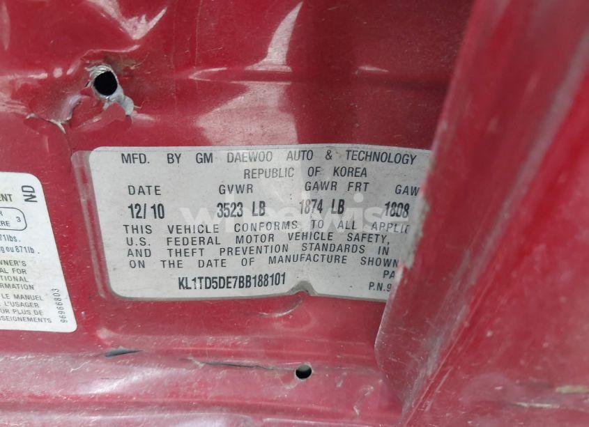 Photo 9 of 2011 Chevrolet Aveo 1LT (VIN KL1TD5DE7BB188101)