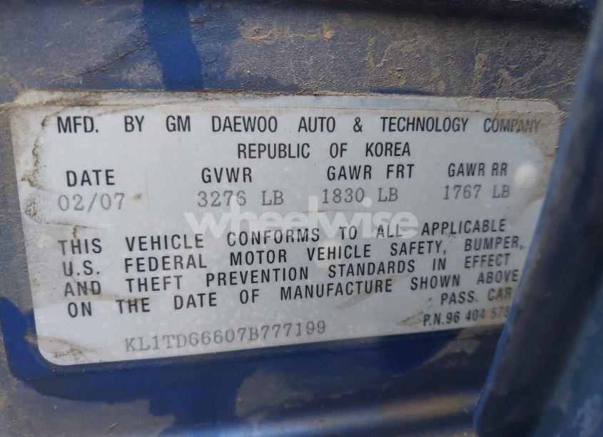 Photo 9 of 2007 Chevrolet Aveo 5 SPECIAL VALUE (VIN KL1TD66607B777199)